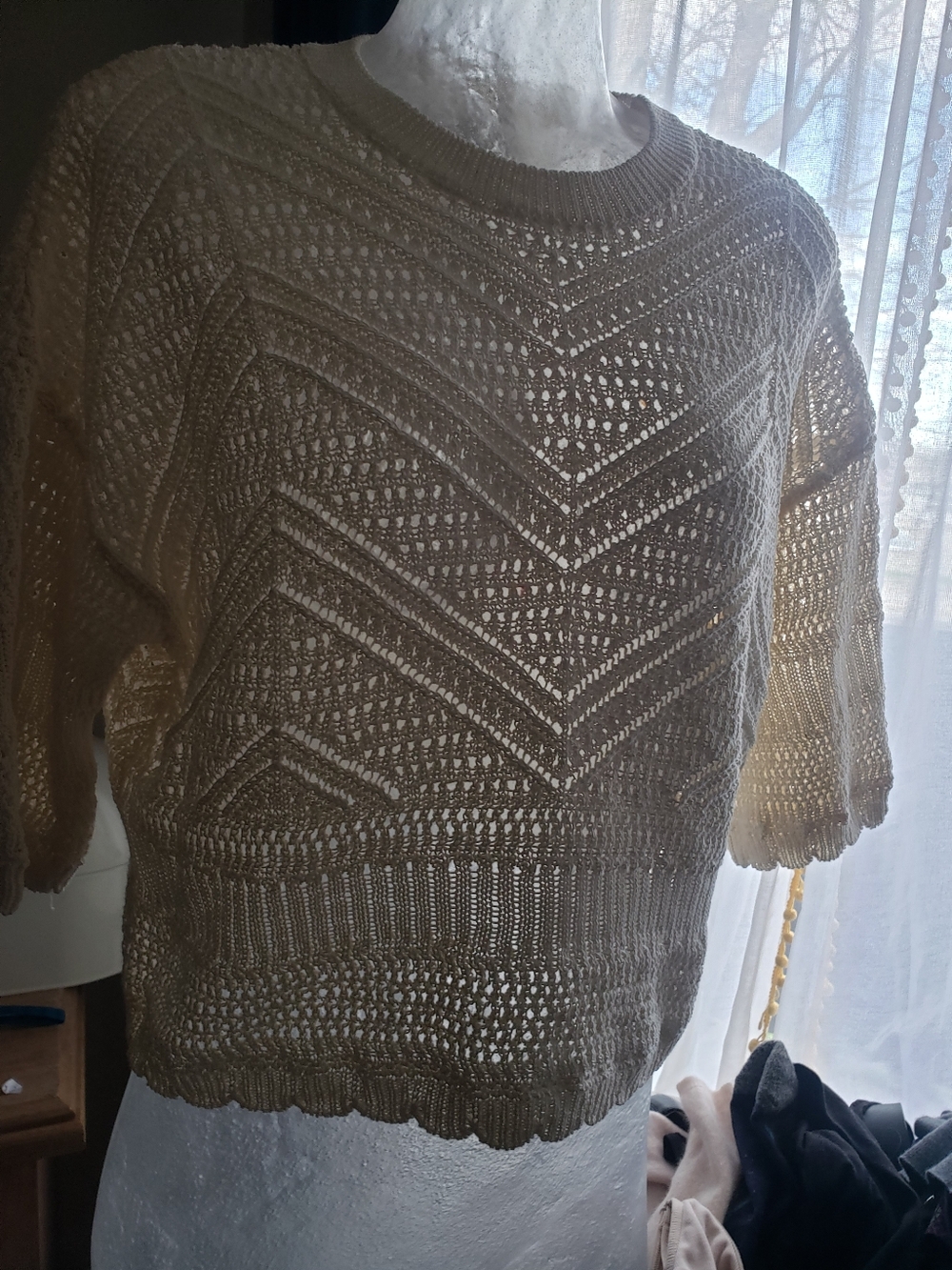 Reserved Cream Open-Work Knit Crewneck Sweater